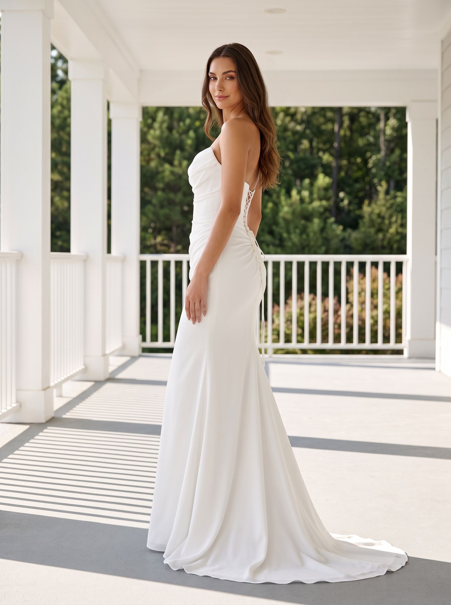 White Stretch Knit column Straight Neck Back Zip Floor-Length Dress with Minimalist Silhouette