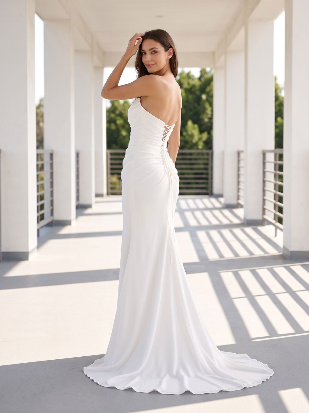 White Stretch Knit column Straight Neck Back Zip Floor-Length Dress with Minimalist Silhouette