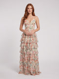 White Floral Chiffon A-Line V-Neck Lace-up Floor-Length Dress with Tiered Skirt and Slit