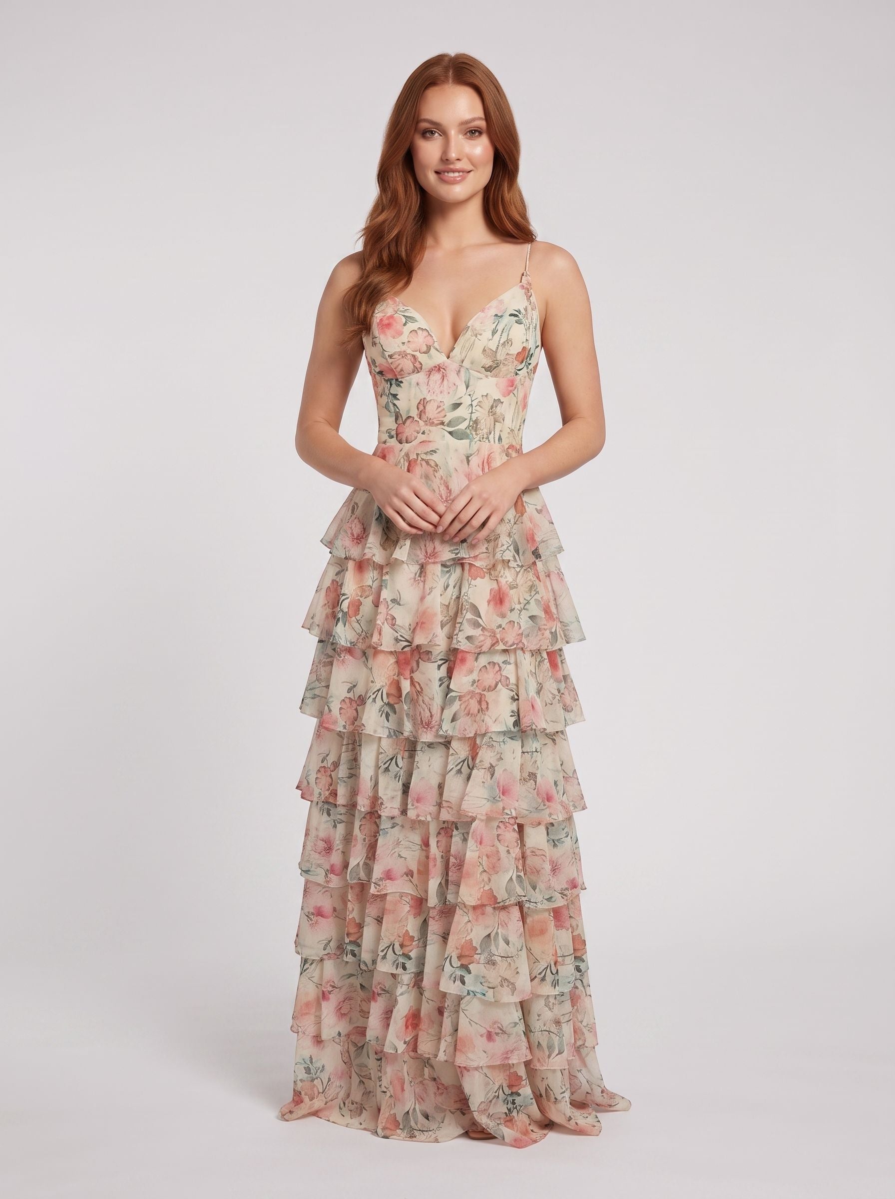 White Floral Chiffon A-Line V-Neck Lace-up Floor-Length Dress with Tiered Skirt and Slit
