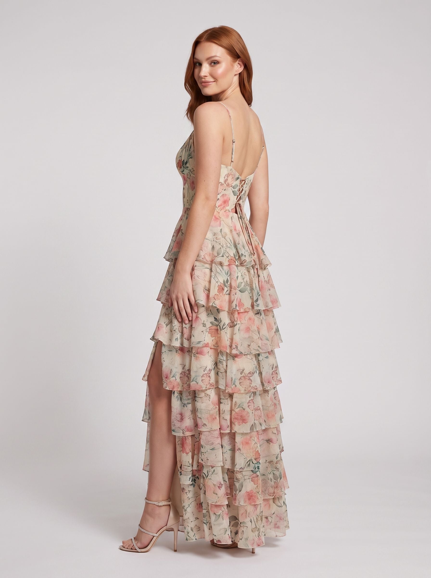 White Floral Chiffon A-Line V-Neck Lace-up Floor-Length Dress with Tiered Skirt and Slit