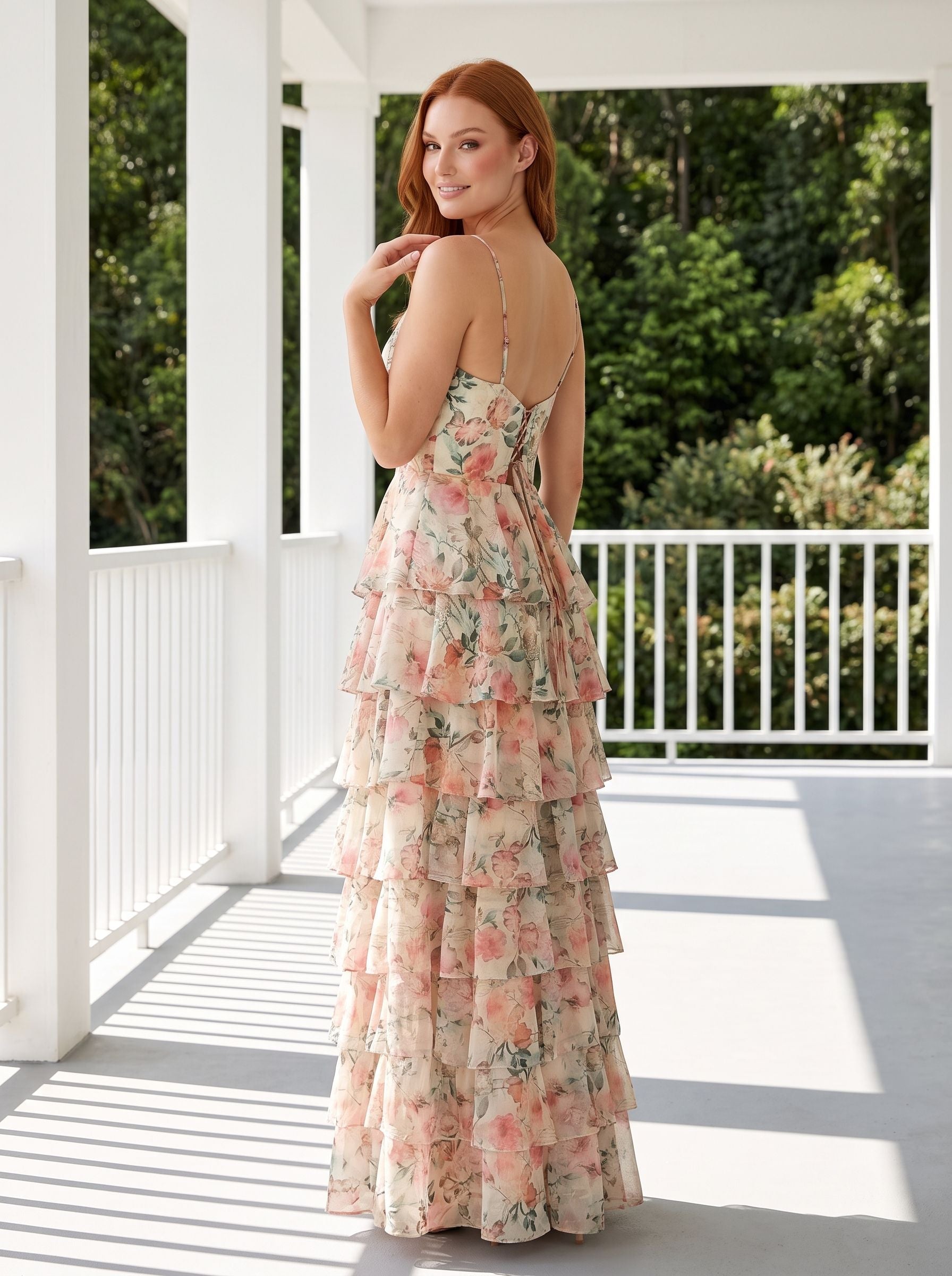 White Floral Chiffon A-Line V-Neck Lace-up Floor-Length Dress with Tiered Skirt and Slit