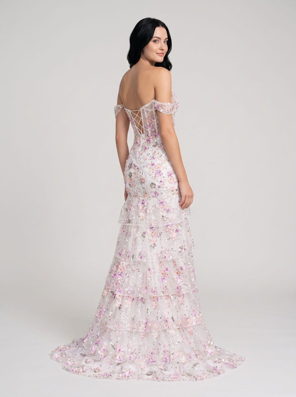 White Floral Tulle Mermaid Off-the-Shoulder Lace-up Floor-Length Dress with Embroidered Bodice