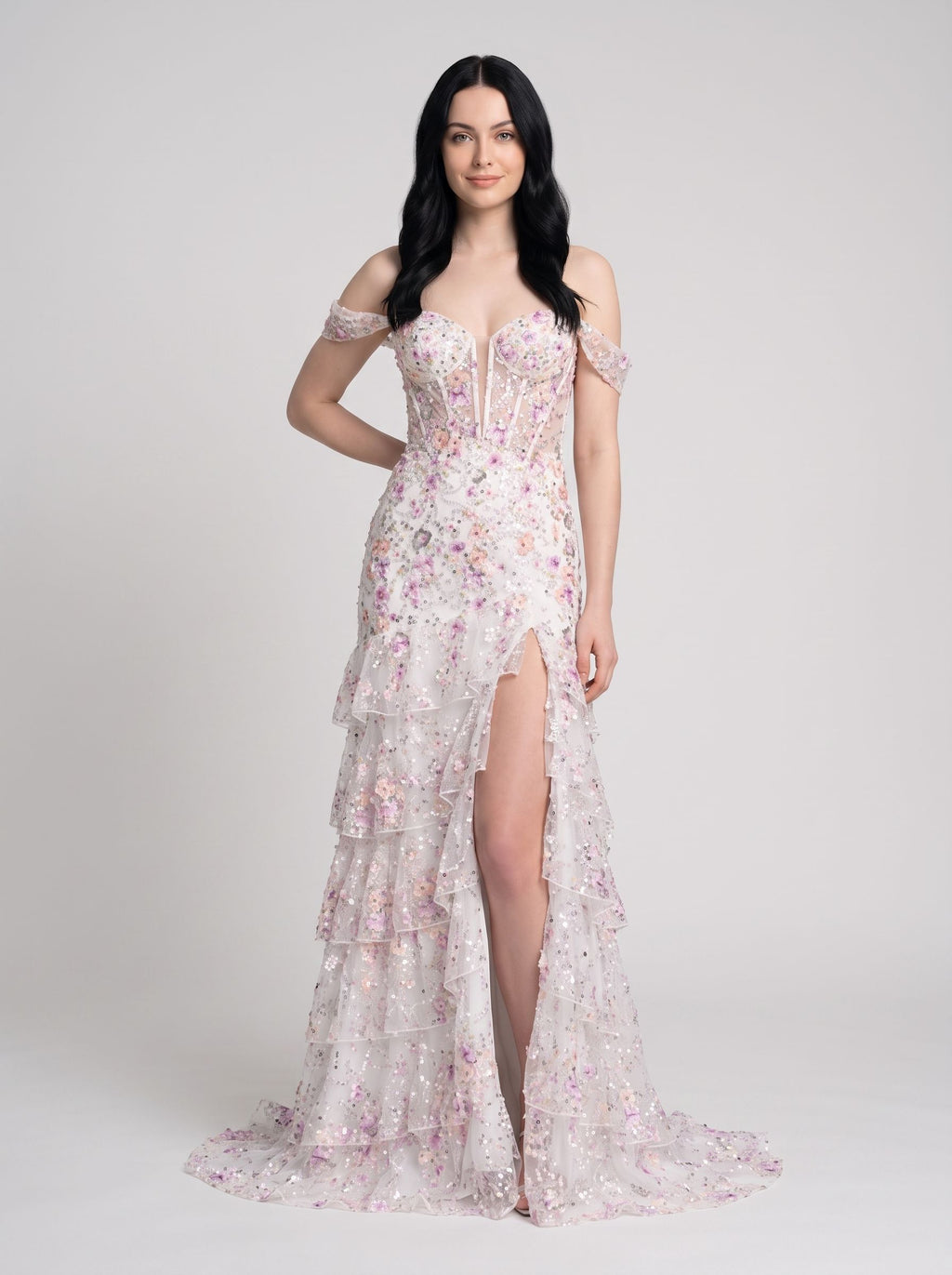 White Floral Tulle Mermaid Off-the-Shoulder Lace-up Floor-Length Dress with Embroidered Bodice
