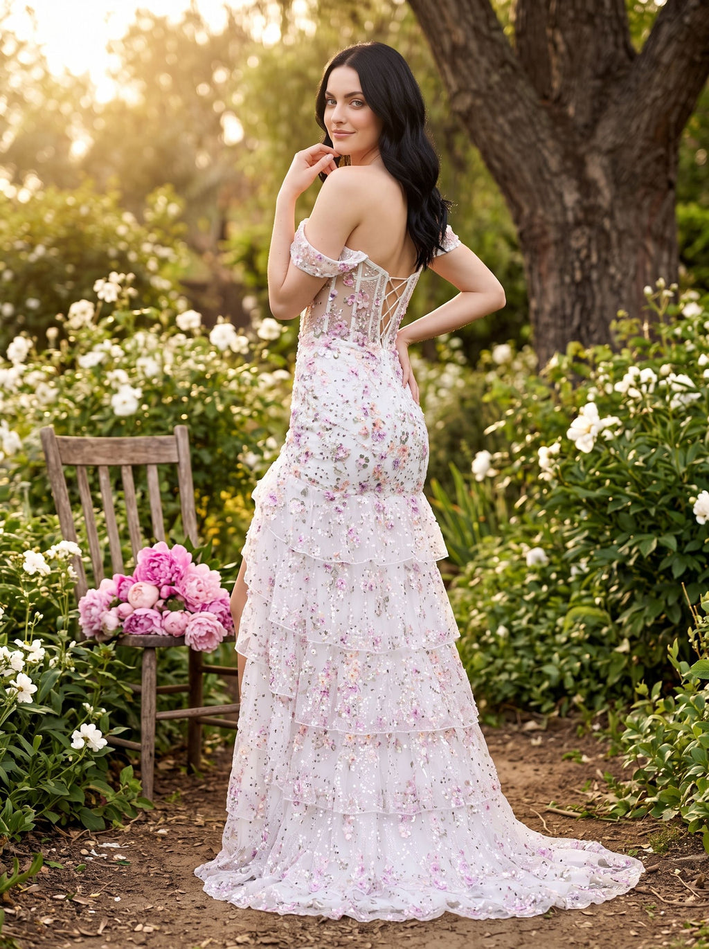 White Floral Tulle Mermaid Off-the-Shoulder Lace-up Floor-Length Dress with Embroidered Bodice