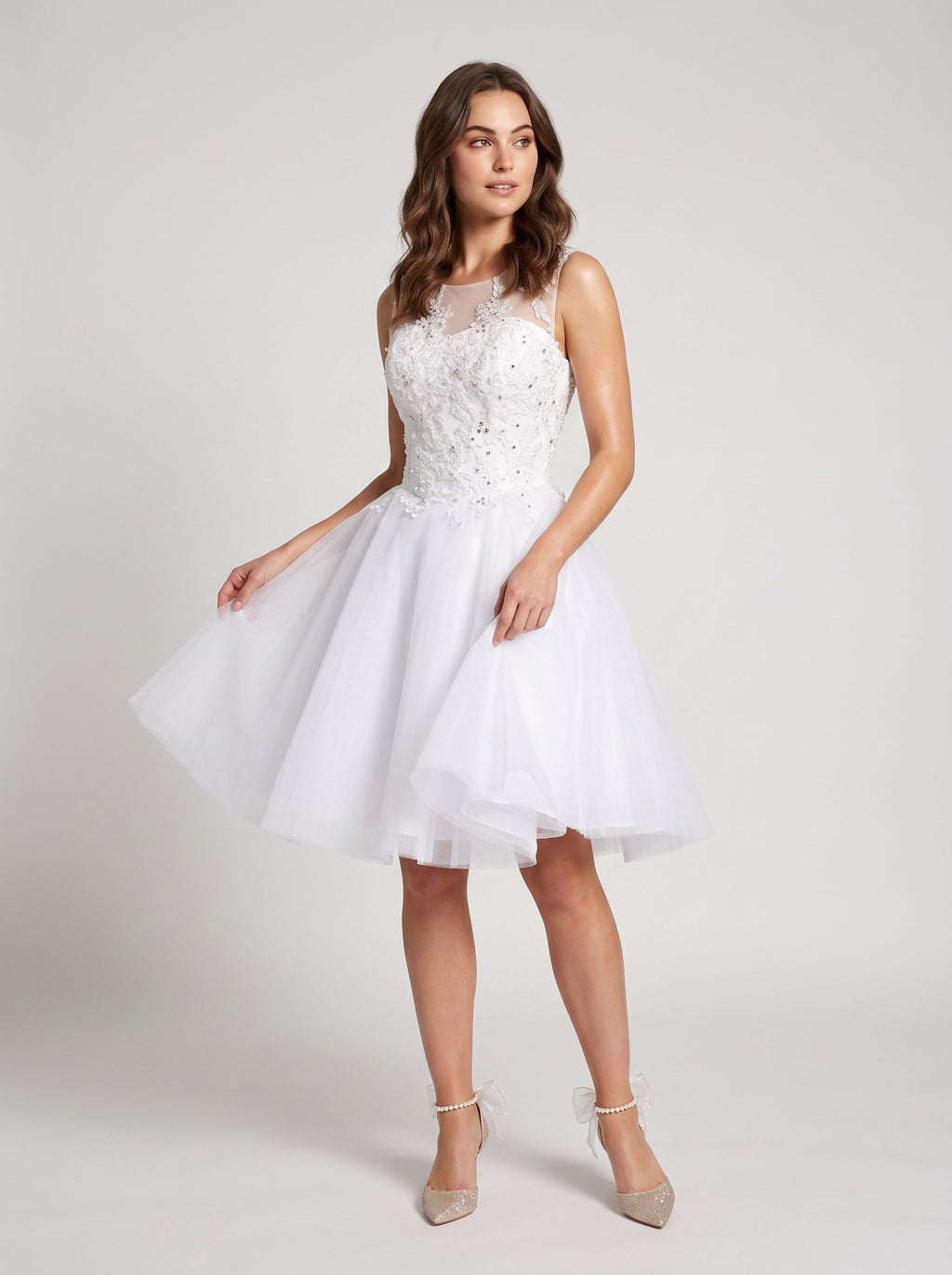 White Lace A-Line Scoop Neck Illusion Short Dress with Soft Pleating