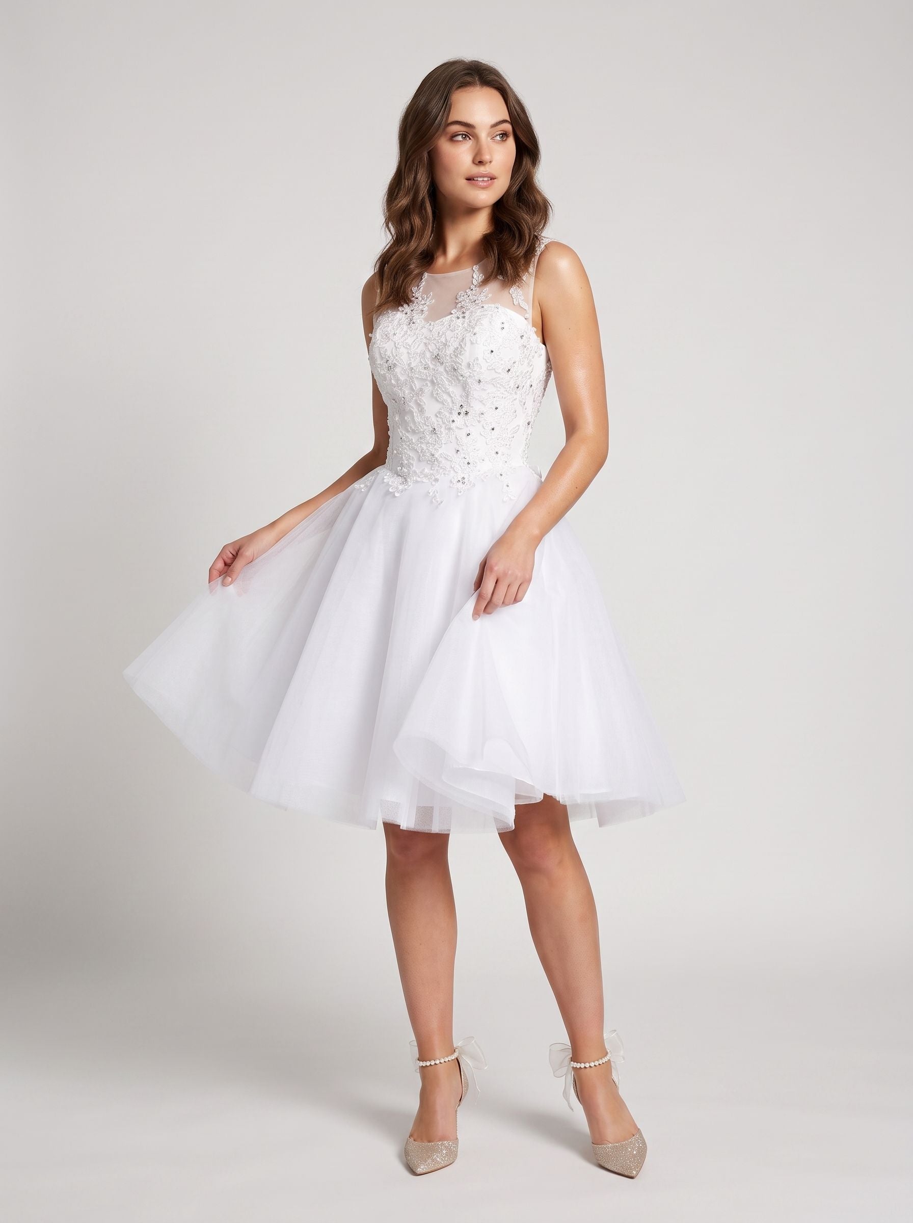 White Lace A-Line Scoop Neck Illusion Short Dress with Soft Pleating