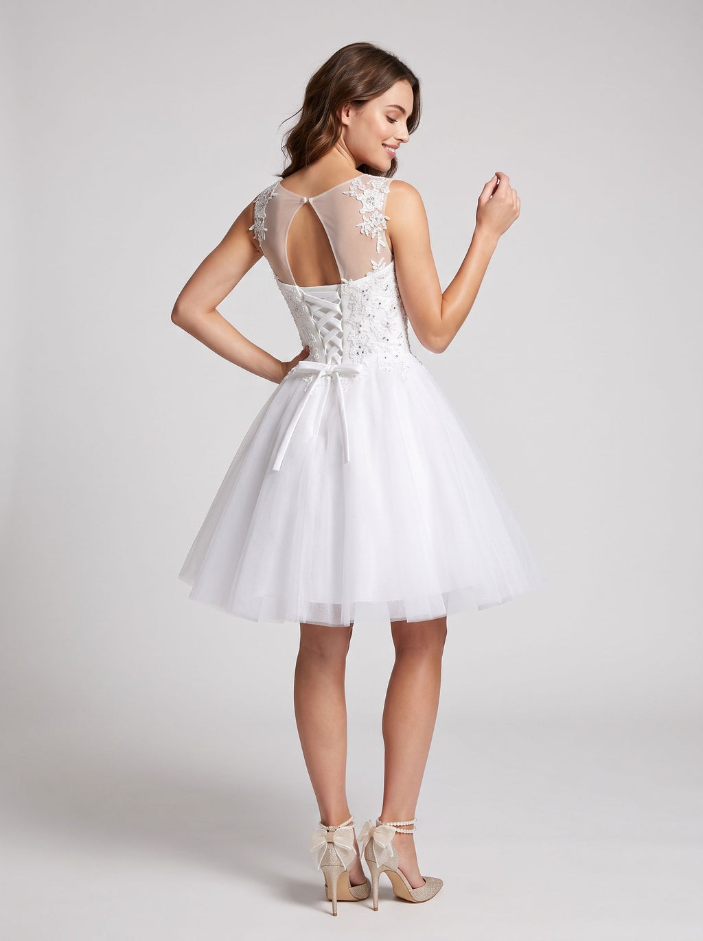 White Lace A-Line Scoop Neck Illusion Short Dress with Soft Pleating