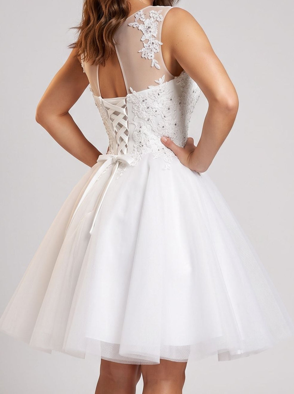 White Lace A-Line Scoop Neck Illusion Short Dress with Soft Pleating