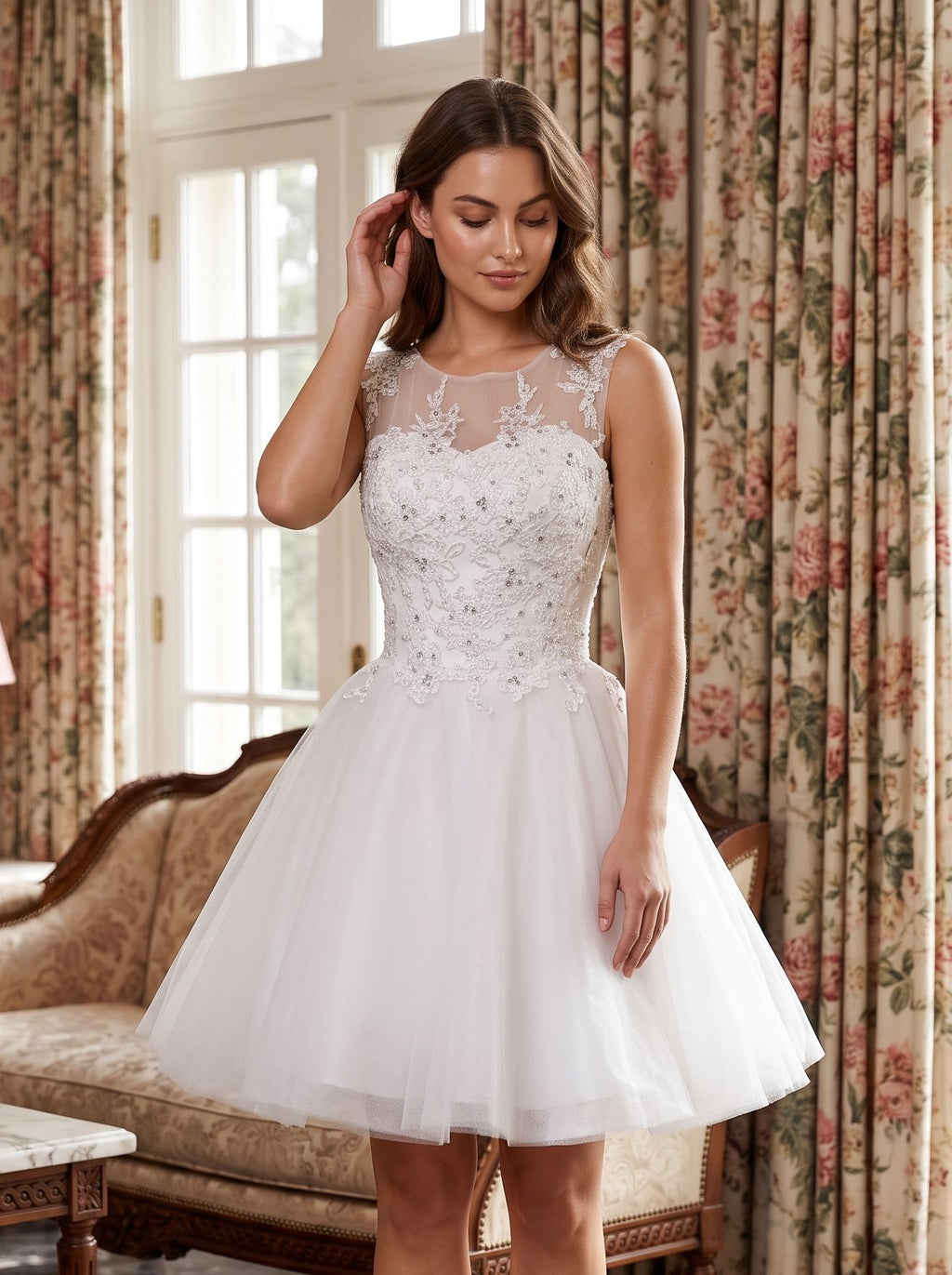 White Lace A-Line Scoop Neck Illusion Short Dress with Soft Pleating