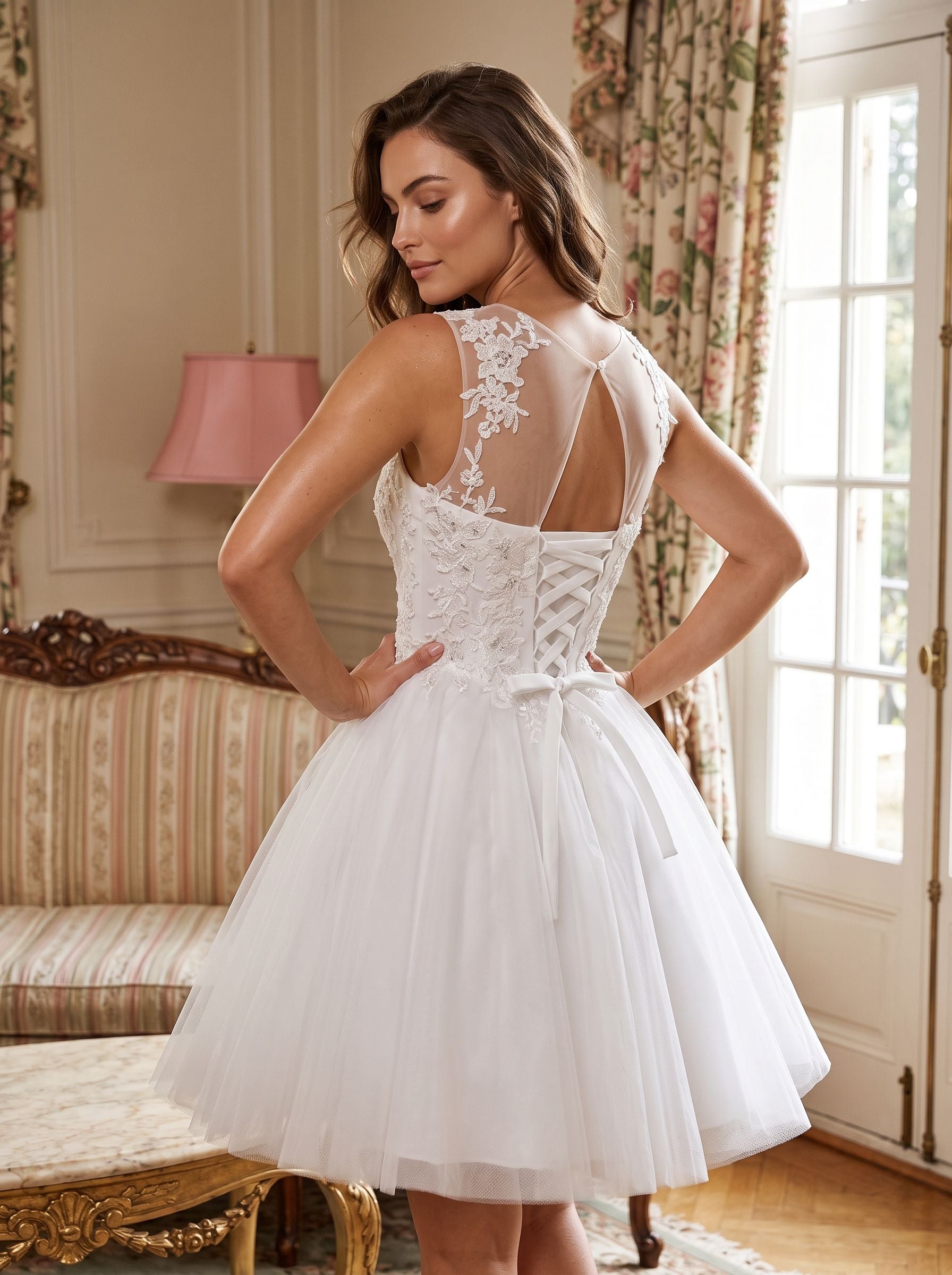 White Lace A-Line Scoop Neck Illusion Short Dress with Soft Pleating