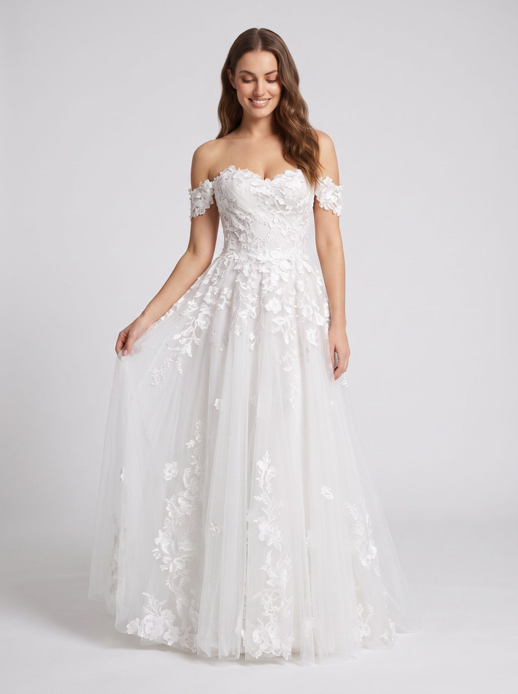 White Lace A-Line Off-the-Shoulder Back Zip Floor-Length Dress with Scalloped Trim