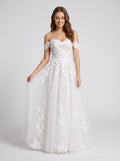 White Lace A-Line Off-the-Shoulder Back Zip Floor-Length Dress with Scalloped Trim