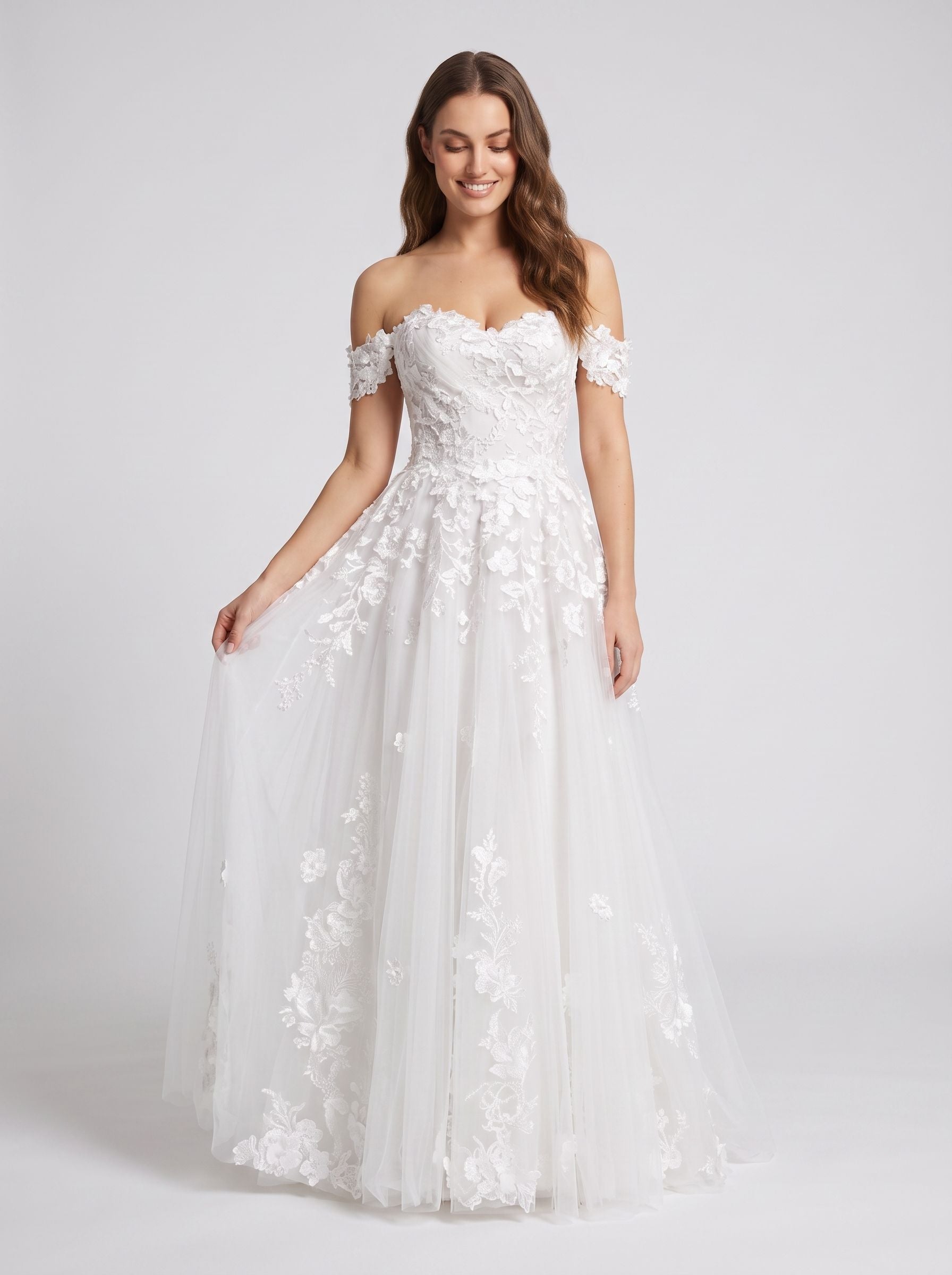 White Lace A-Line Off-the-Shoulder Back Zip Floor-Length Dress with Scalloped Trim