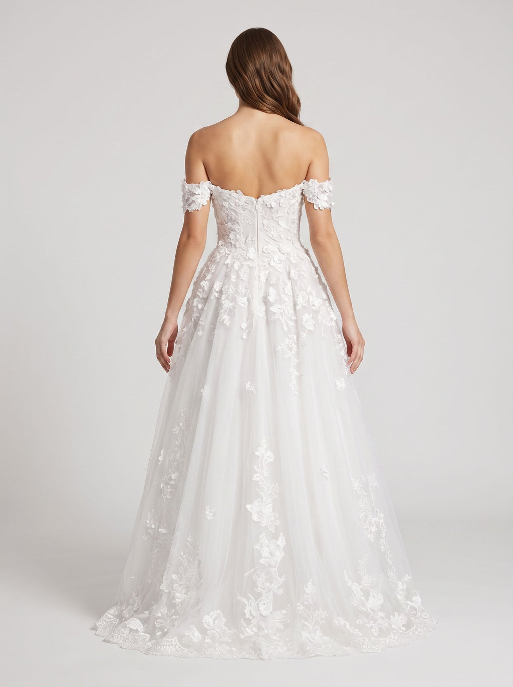 White Lace A-Line Off-the-Shoulder Back Zip Floor-Length Dress with Scalloped Trim