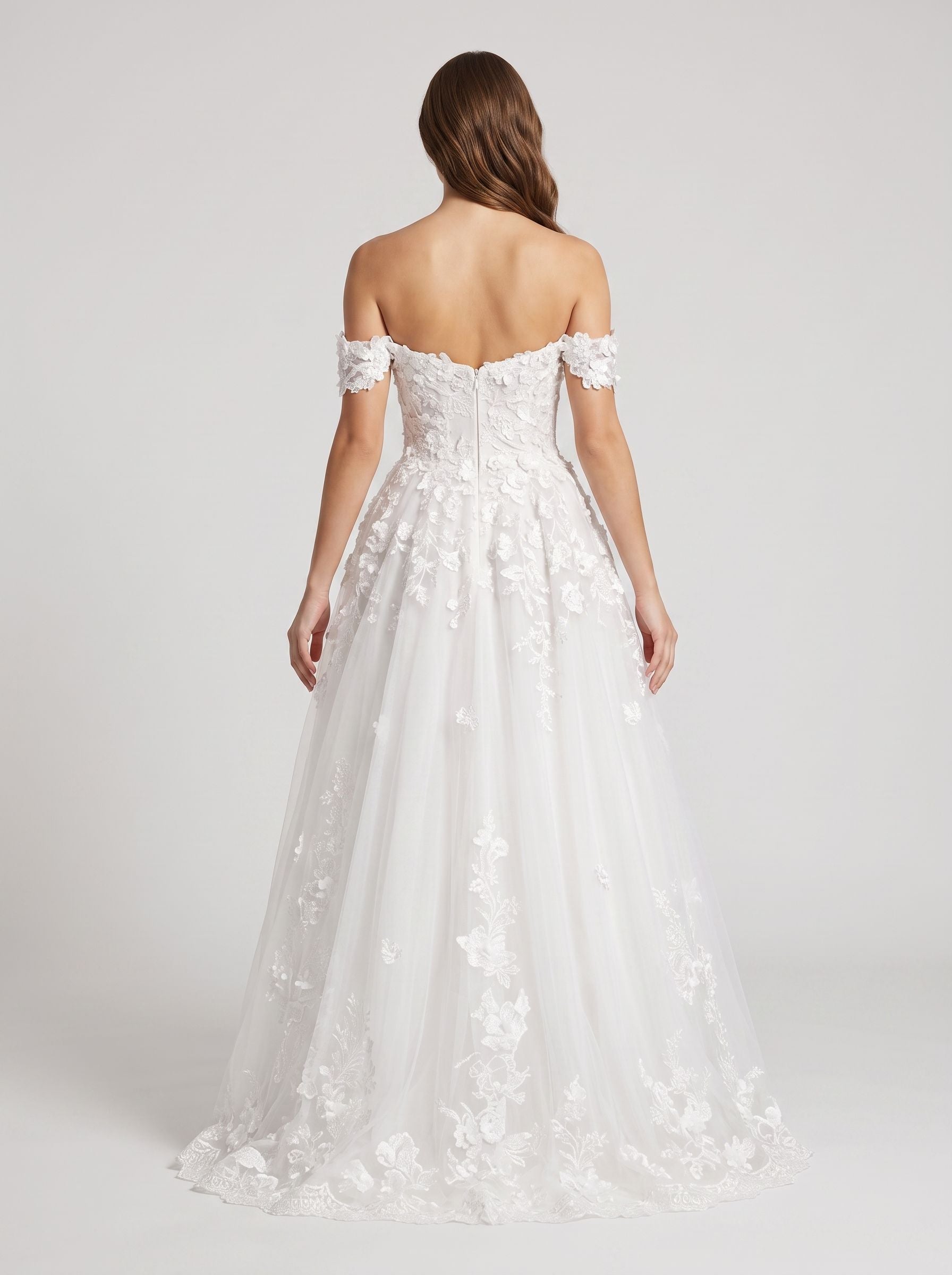 White Lace A-Line Off-the-Shoulder Back Zip Floor-Length Dress with Scalloped Trim