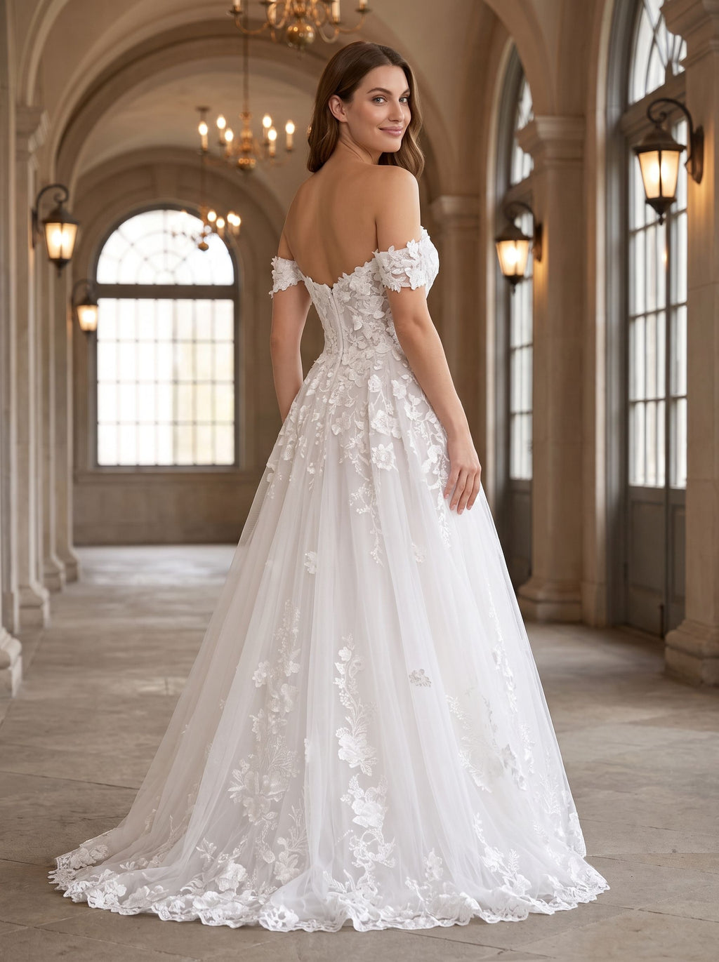 White Lace A-Line Off-the-Shoulder Back Zip Floor-Length Dress with Scalloped Trim