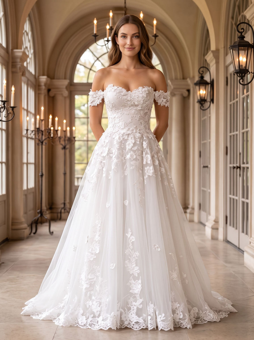 White Lace A-Line Off-the-Shoulder Back Zip Floor-Length Dress with Scalloped Trim