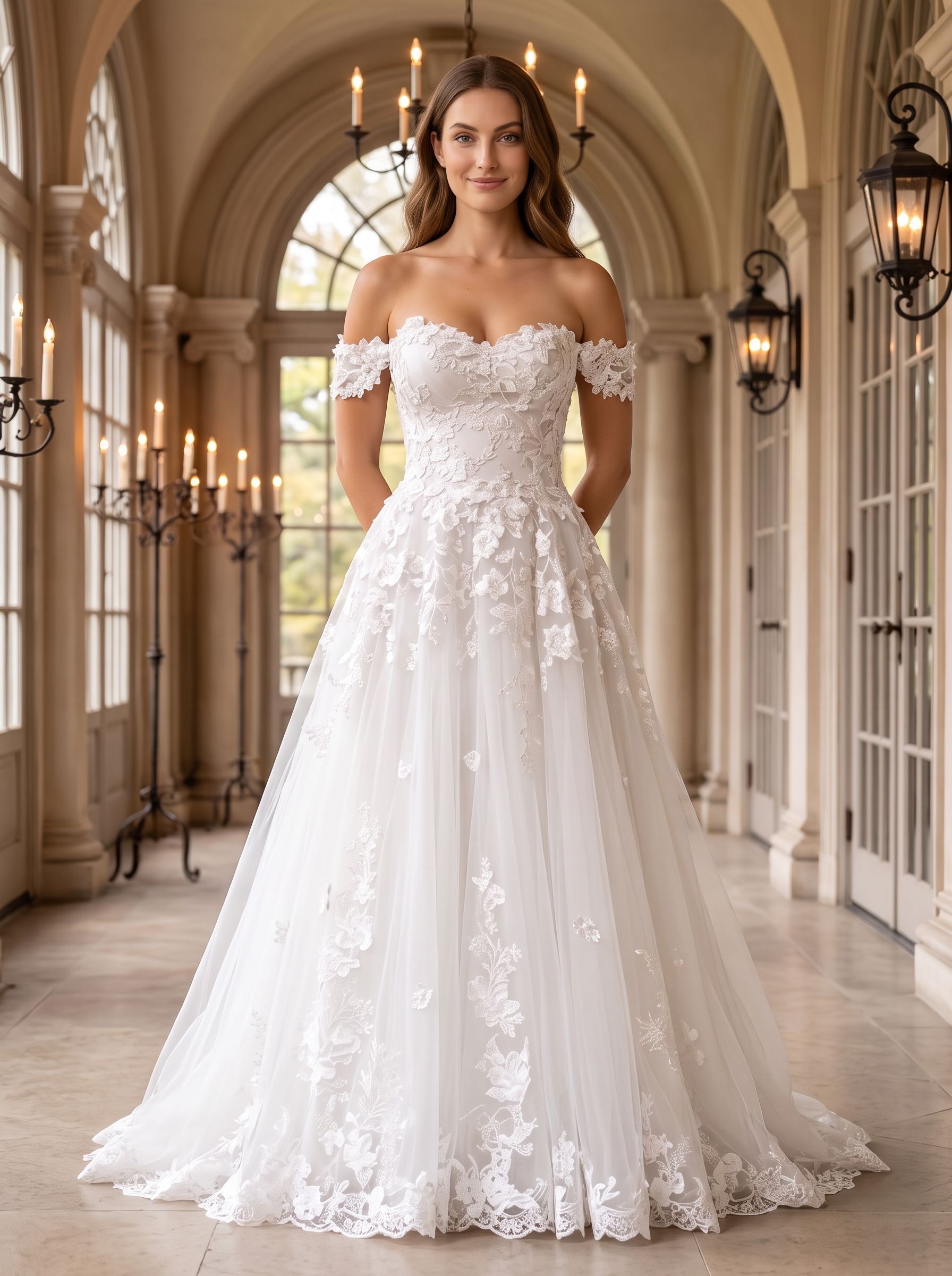 White Lace A-Line Off-the-Shoulder Back Zip Floor-Length Dress with Scalloped Trim