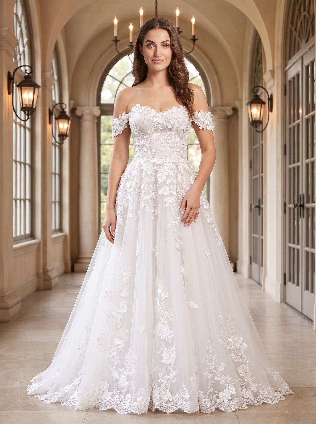 White Lace A-Line Off-the-Shoulder Back Zip Floor-Length Dress with Scalloped Trim