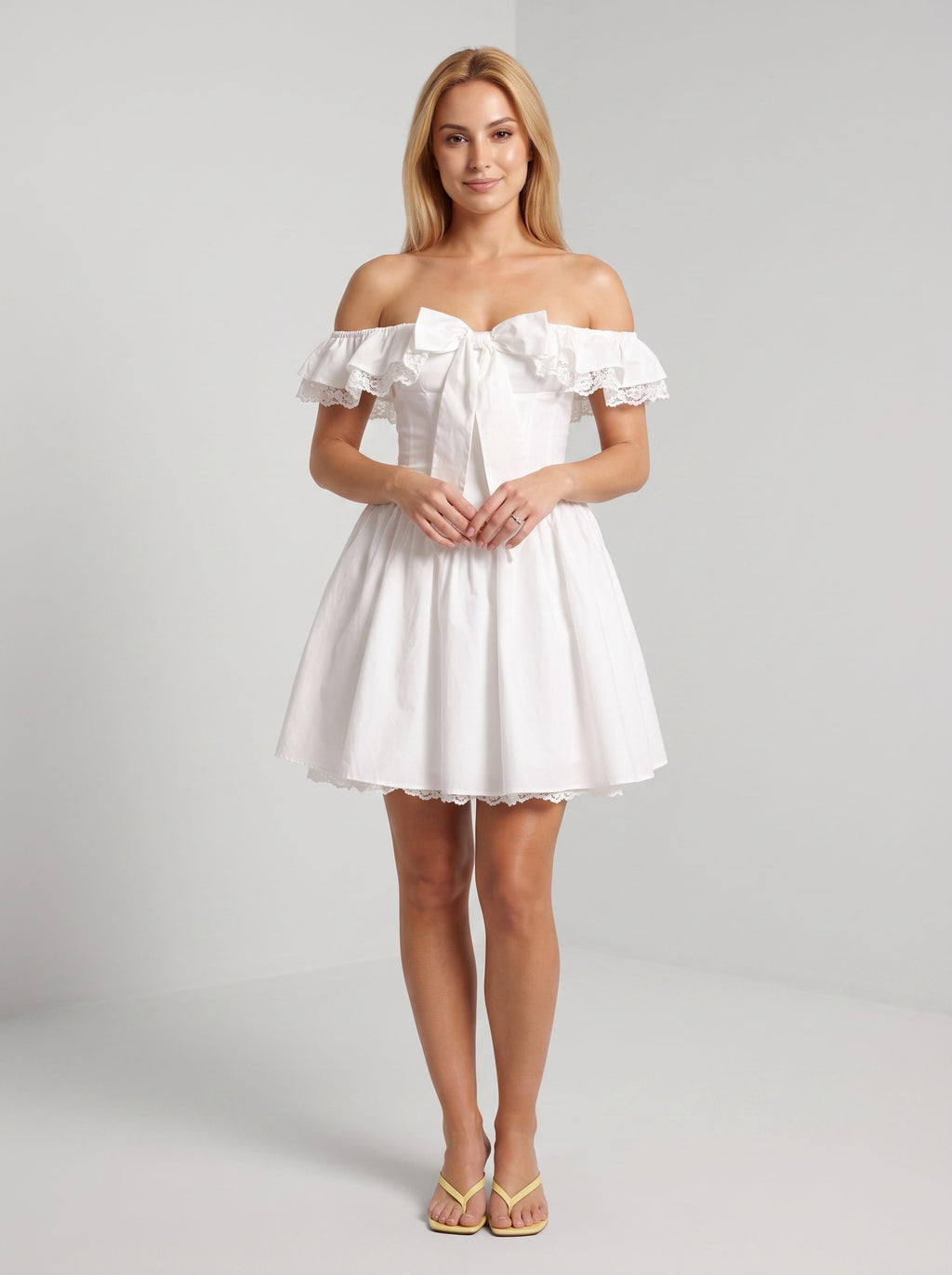 White Lace A-Line Off-the-Shoulder Back Zip Short Dress with a Bow Front