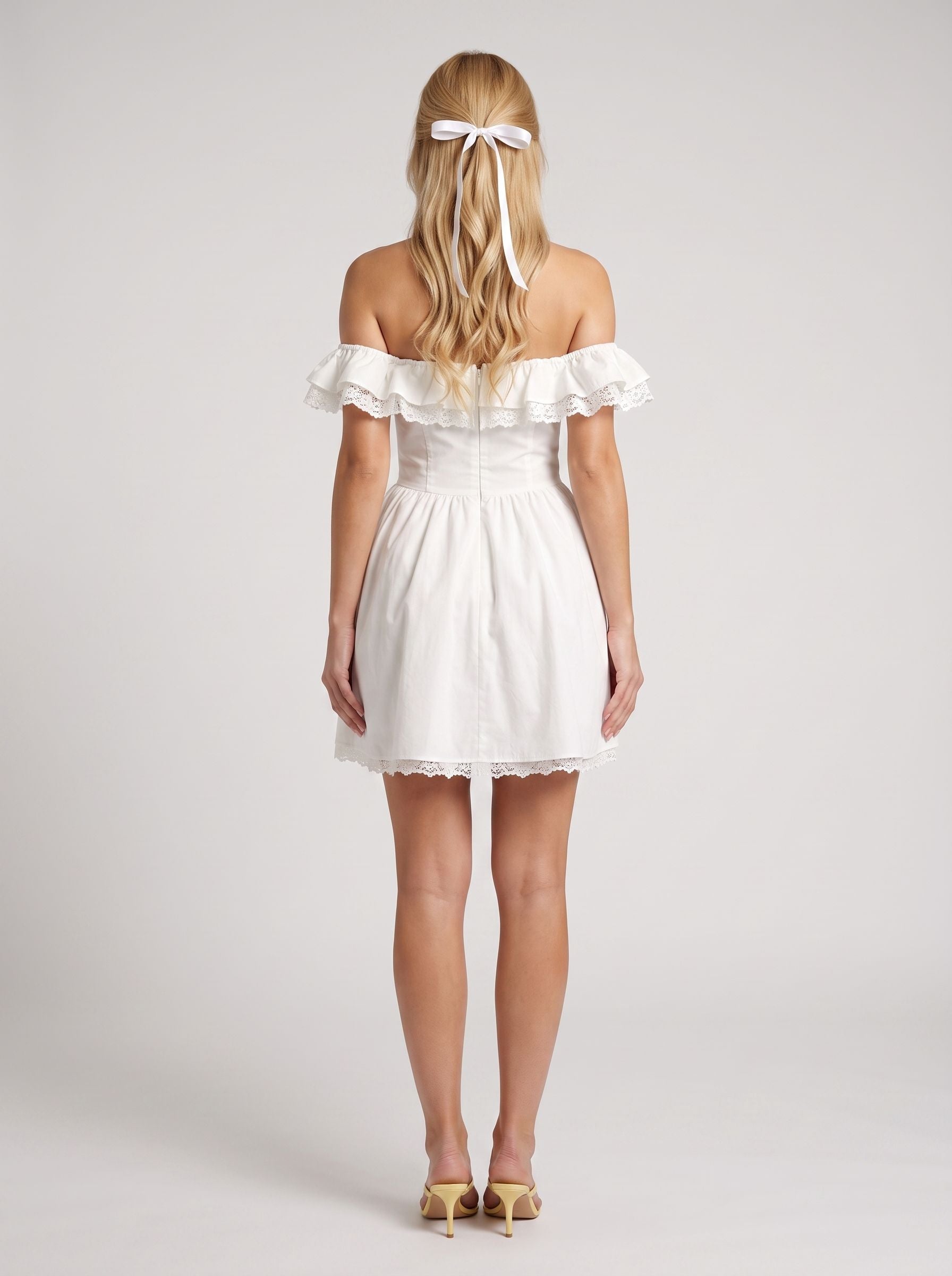White Lace A-Line Off-the-Shoulder Back Zip Short Dress with a Bow Front
