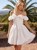 White Lace A-Line Off-the-Shoulder Back Zip Short Dress with a Bow Front