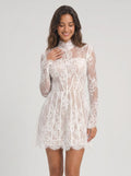 White Lace A-Line Scoop Neck Back Zip Short Dress with Long Sleeves