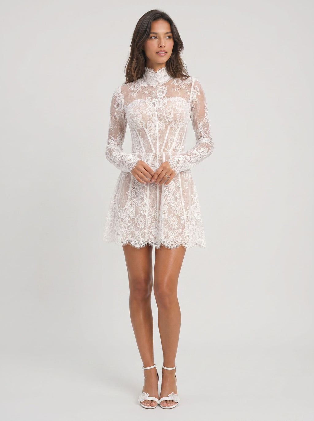 White Lace A-Line Scoop Neck Back Zip Short Dress with Long Sleeves