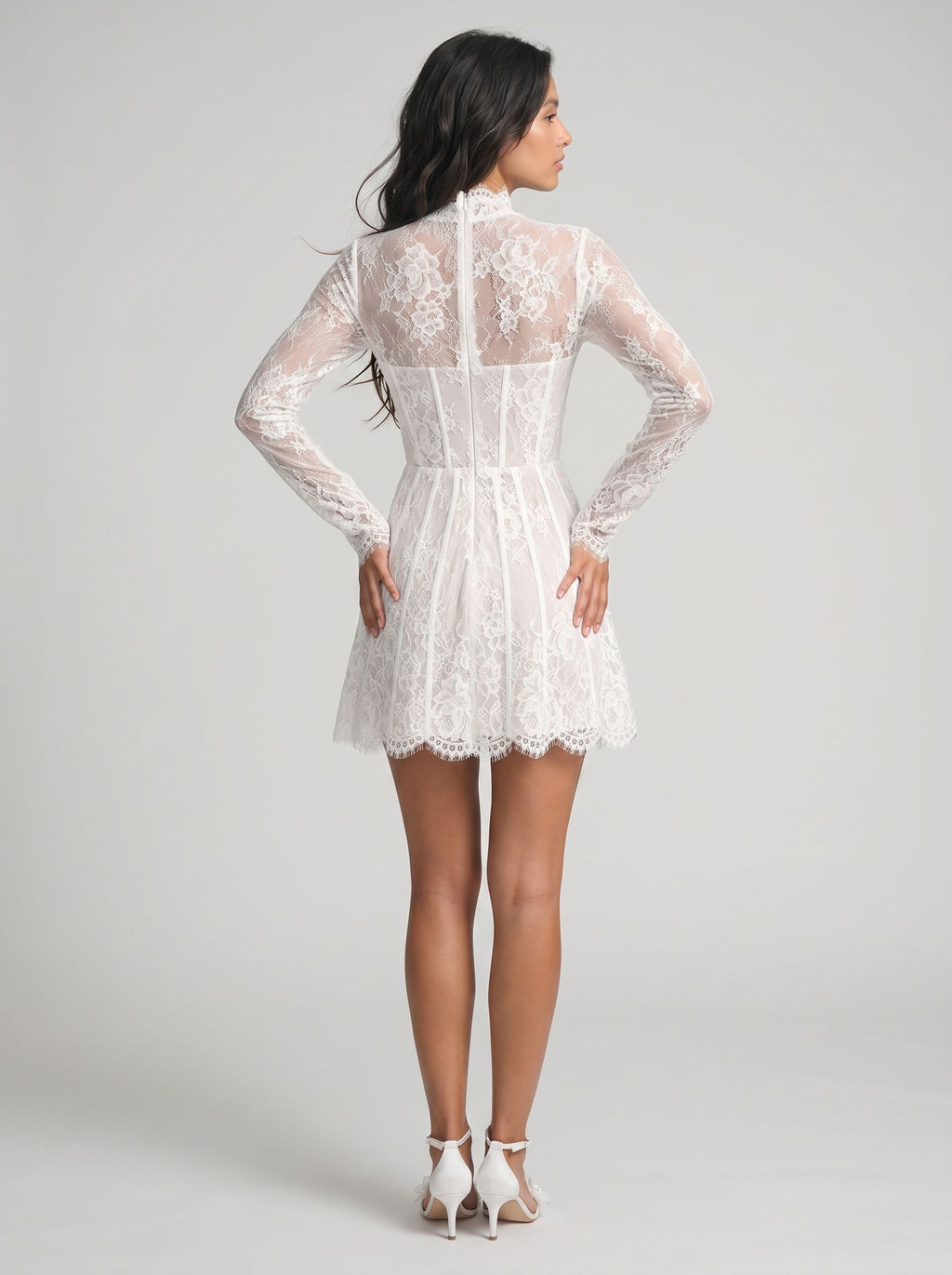 White Lace A-Line Scoop Neck Back Zip Short Dress with Long Sleeves