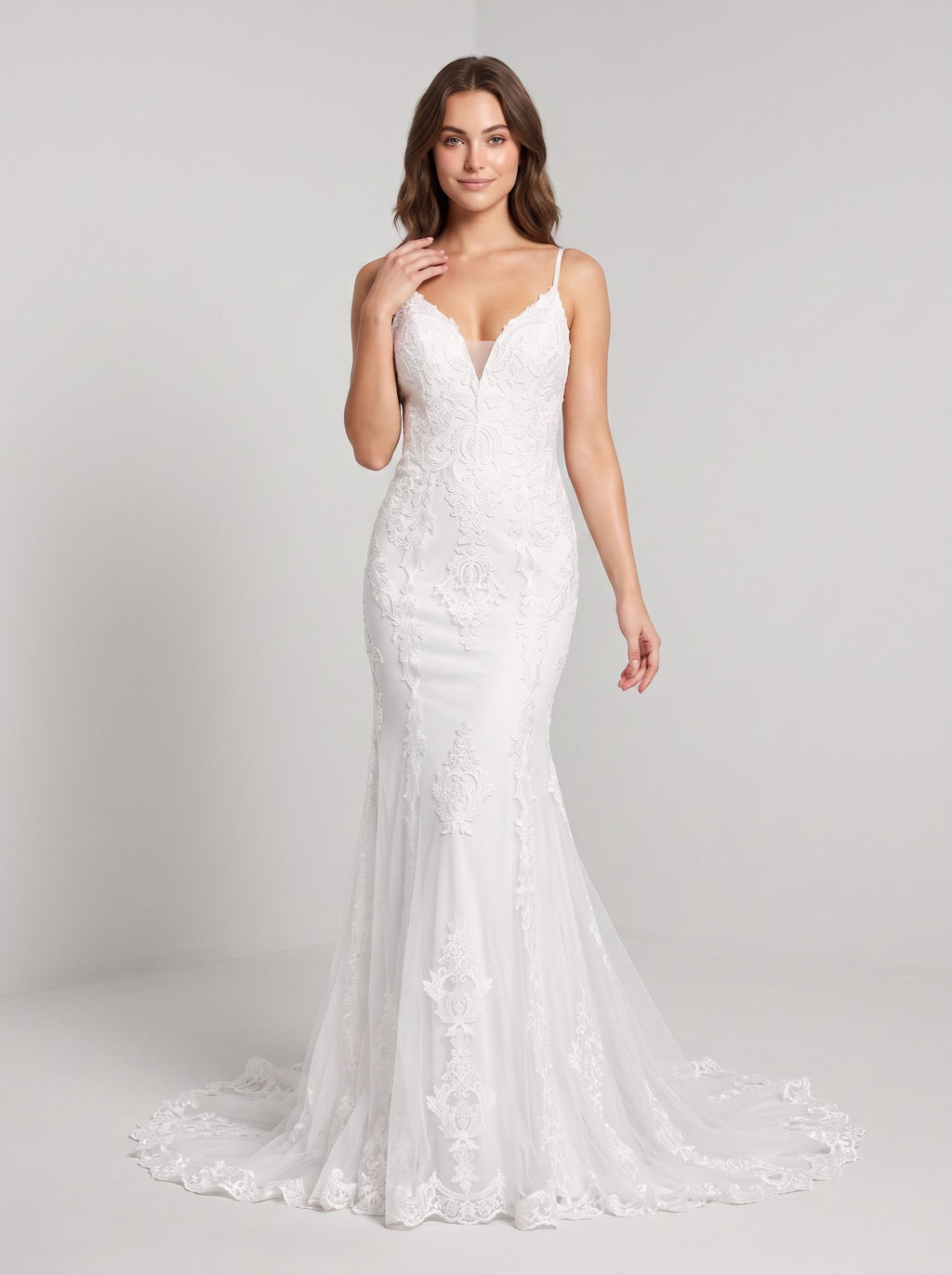 White Lace Mermaid V-Neck Backless Floor-Length Dress with Sheer Floral Lace and Sweep Train