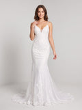 White Lace Mermaid V-Neck Backless Floor-Length Dress with Sheer Floral Lace and Sweep Train