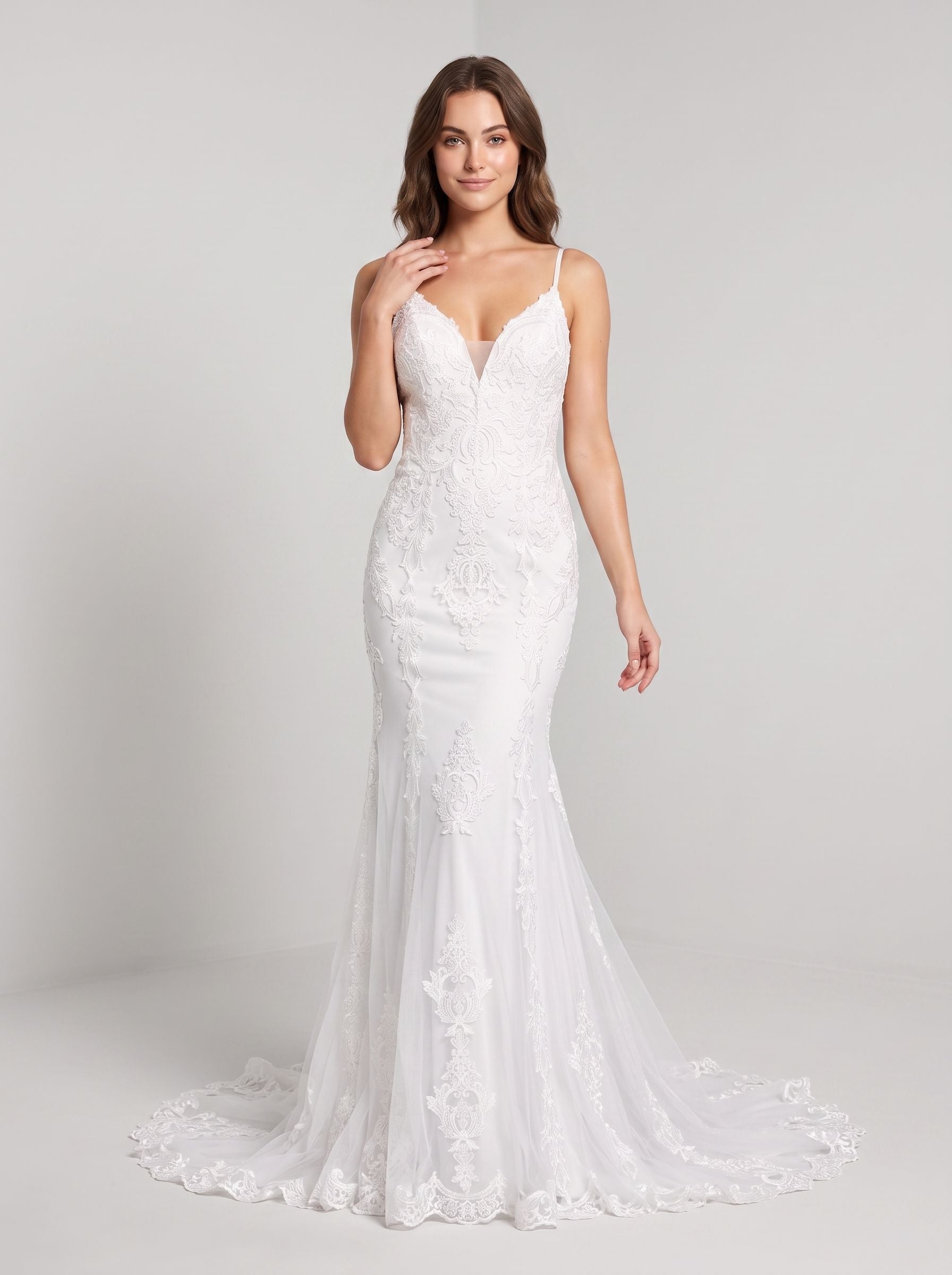 White Lace Mermaid V-Neck Backless Floor-Length Dress with Sheer Floral Lace and Sweep Train