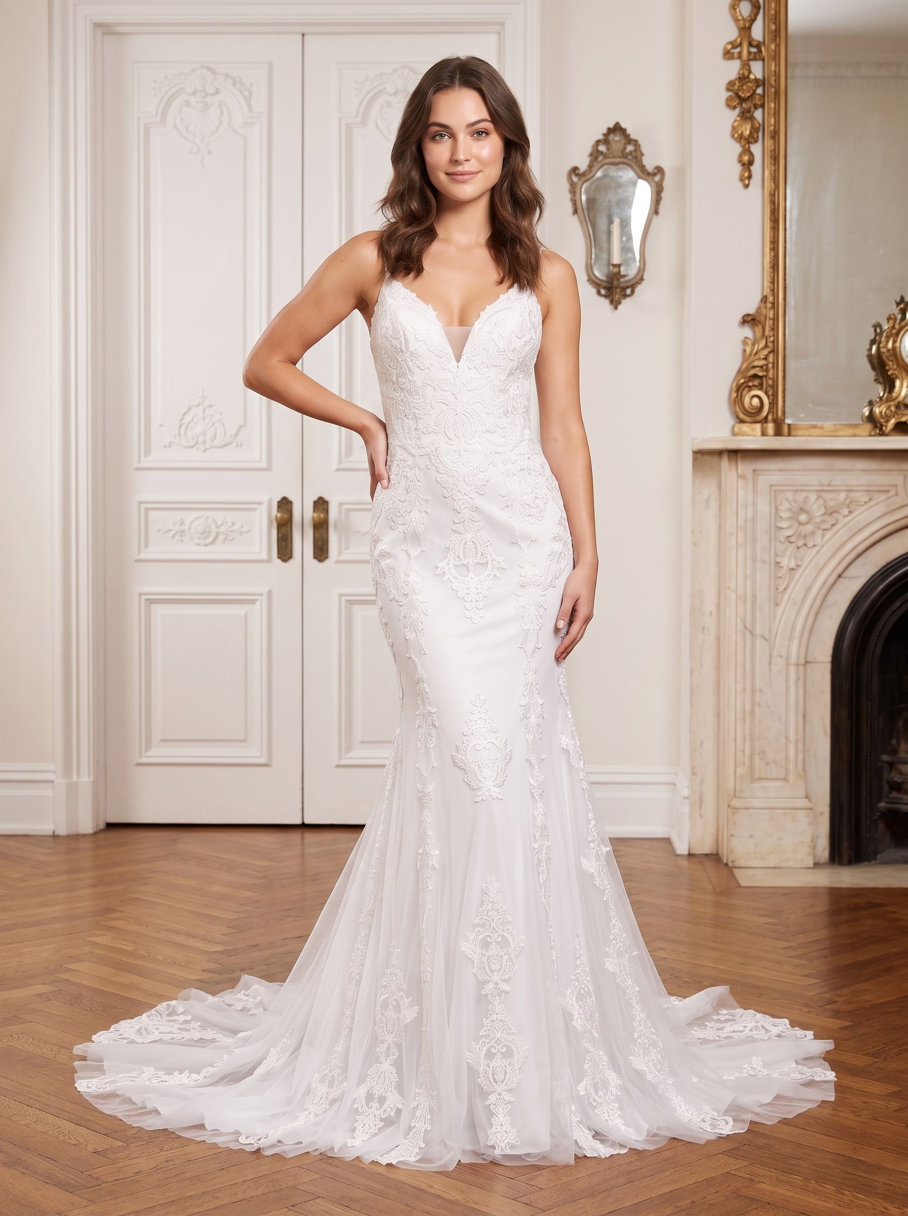 White Lace Mermaid V-Neck Backless Floor-Length Dress with Sheer Floral Lace and Sweep Train