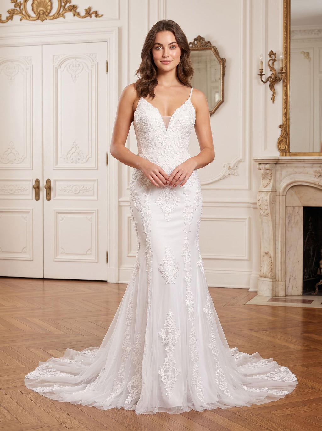 White Lace Mermaid V-Neck Backless Floor-Length Dress with Sheer Floral Lace and Sweep Train