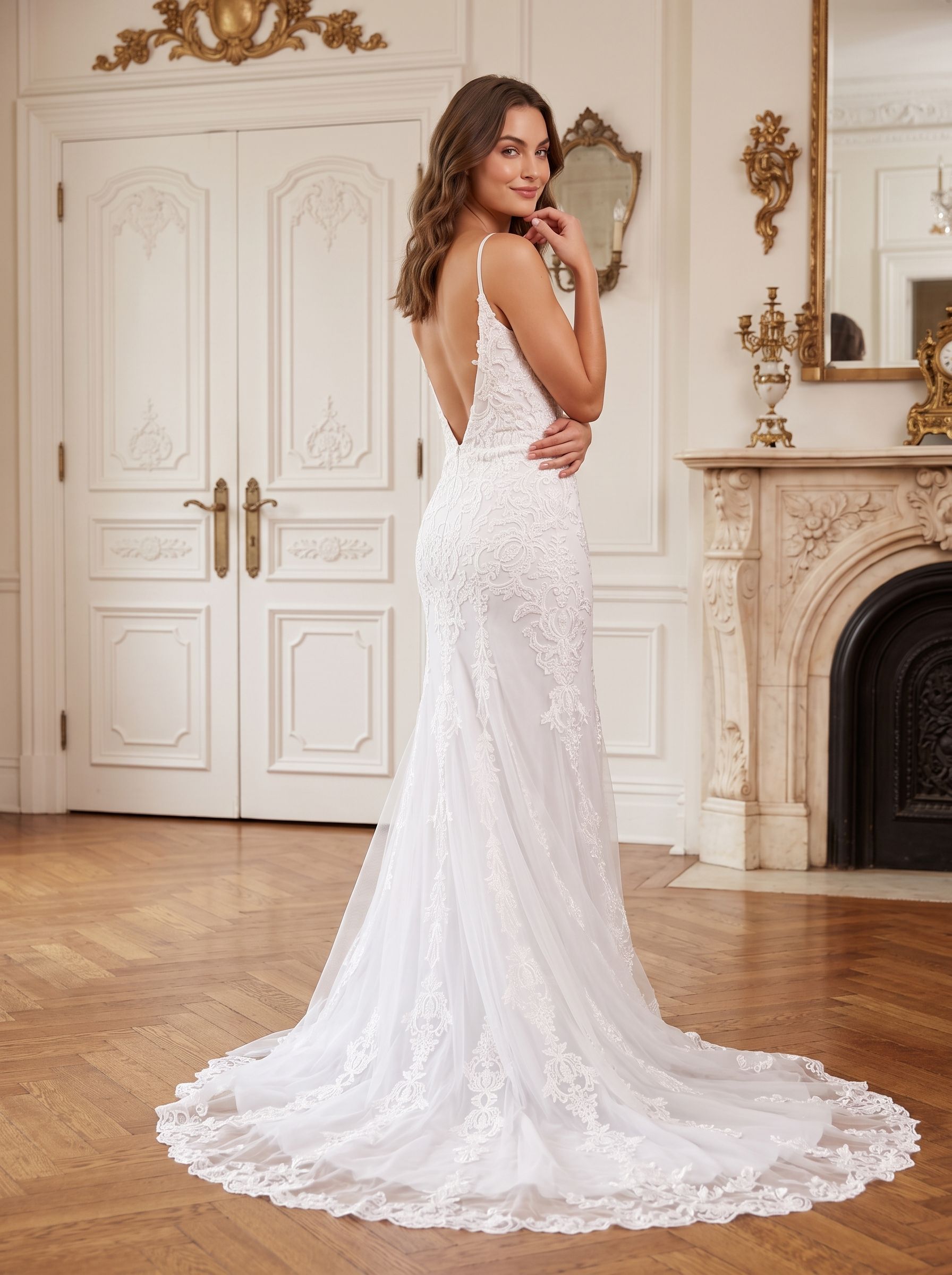 White Lace Mermaid V-Neck Backless Floor-Length Dress with Sheer Floral Lace and Sweep Train