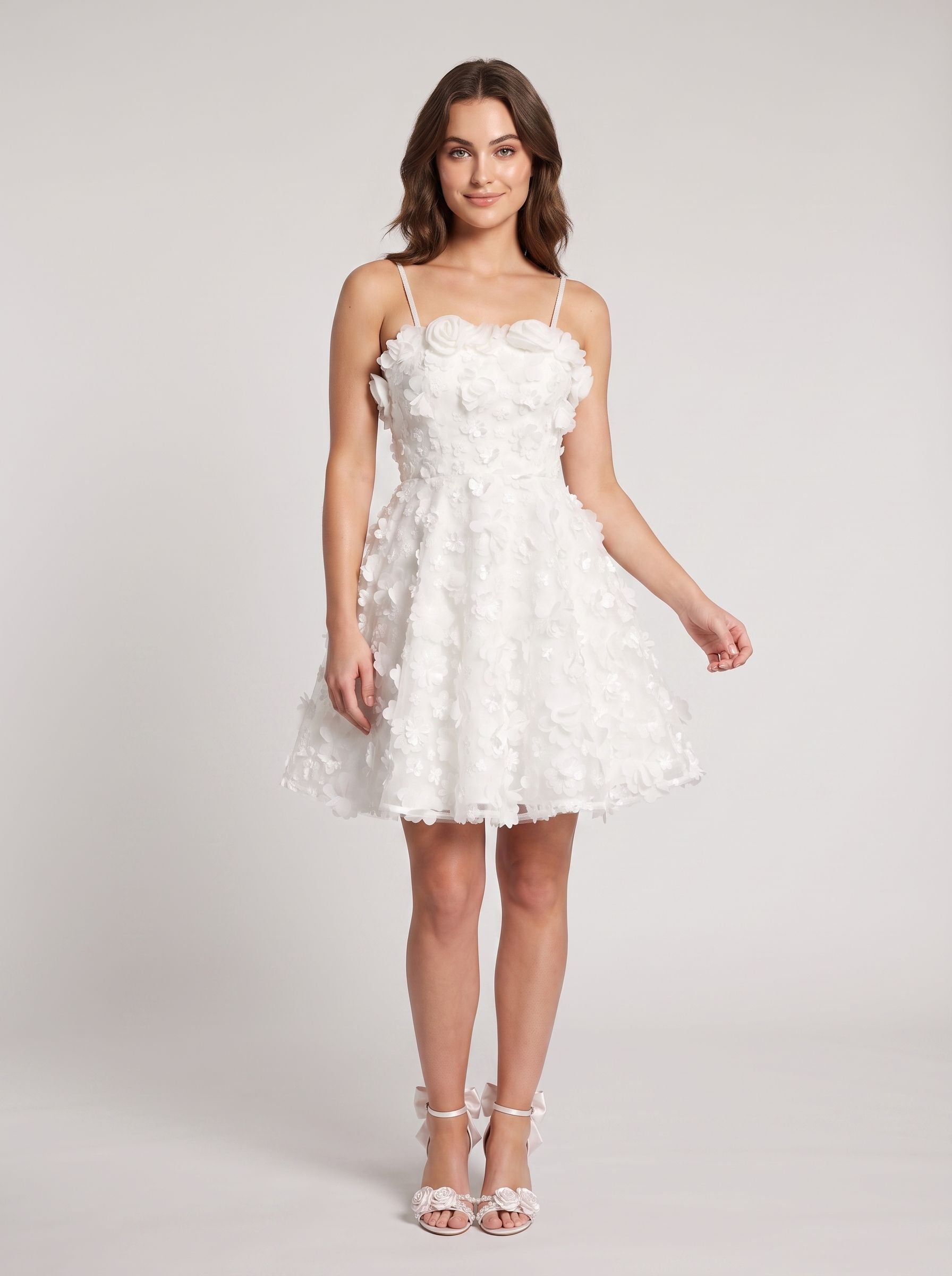 White Tulle A-Line Square Neck Back Zip Short Dress with 3D Florals