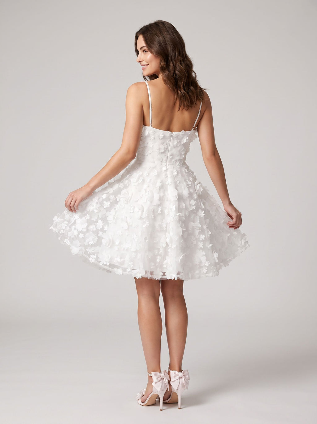 White Tulle A-Line Square Neck Back Zip Short Dress with 3D Florals