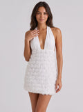 White Satin A-Line Halter neckline Backless Short Dress with Rosette Detail