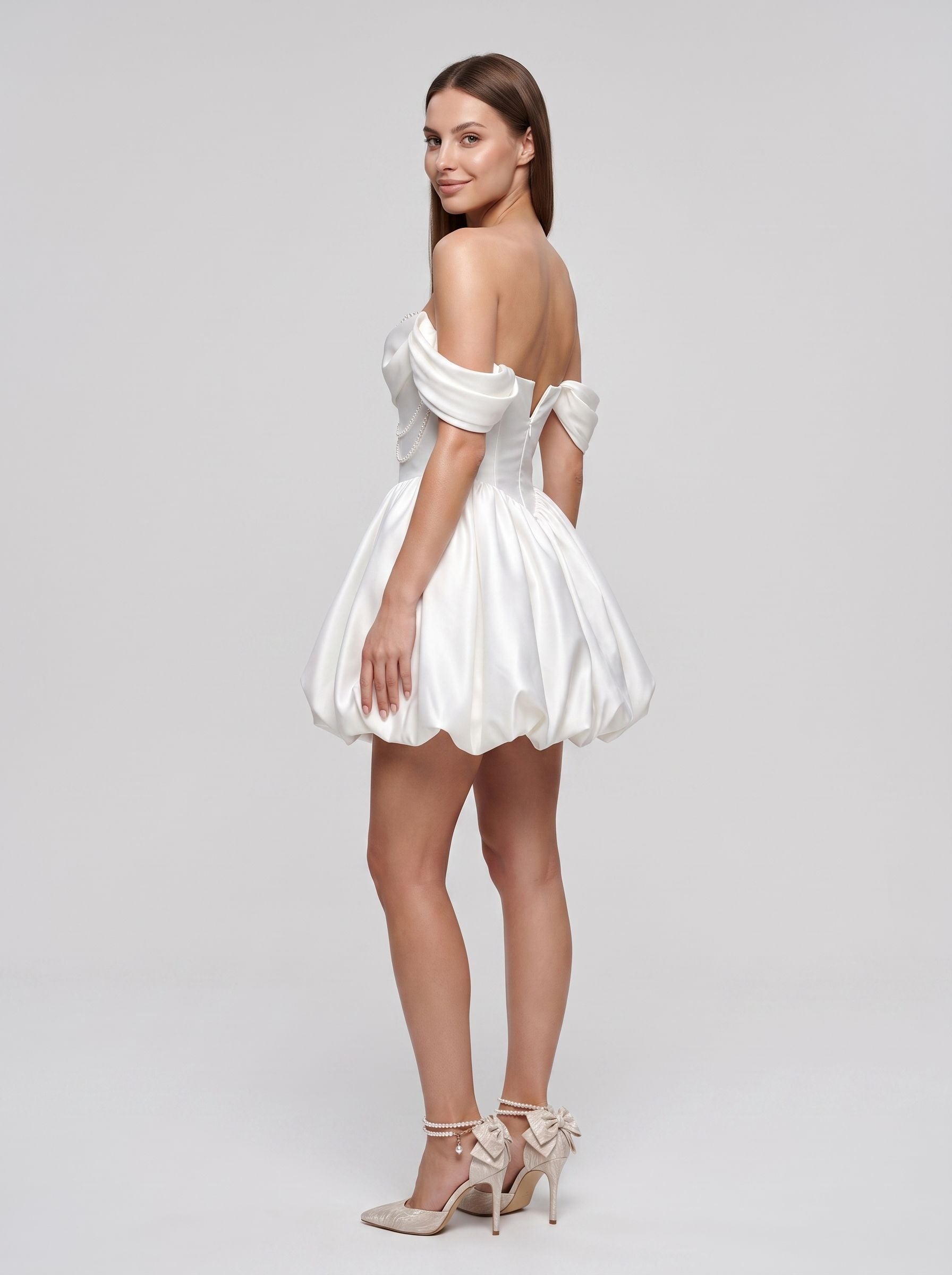White Satin A-Line Off-the-Shoulder Back Zip Short Dress with Beaded Pleats