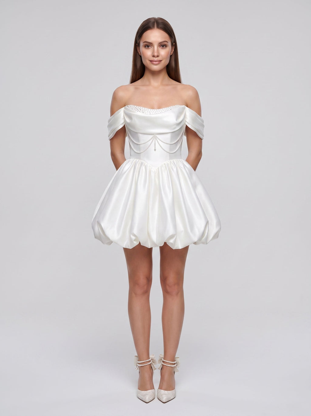 White Satin A-Line Off-the-Shoulder Back Zip Short Dress with Beaded Pleats