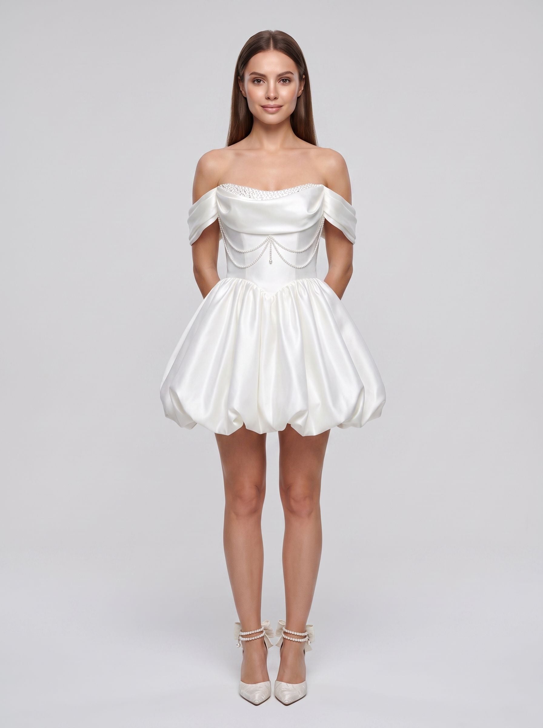 White Satin A-Line Off-the-Shoulder Back Zip Short Dress with Beaded Pleats