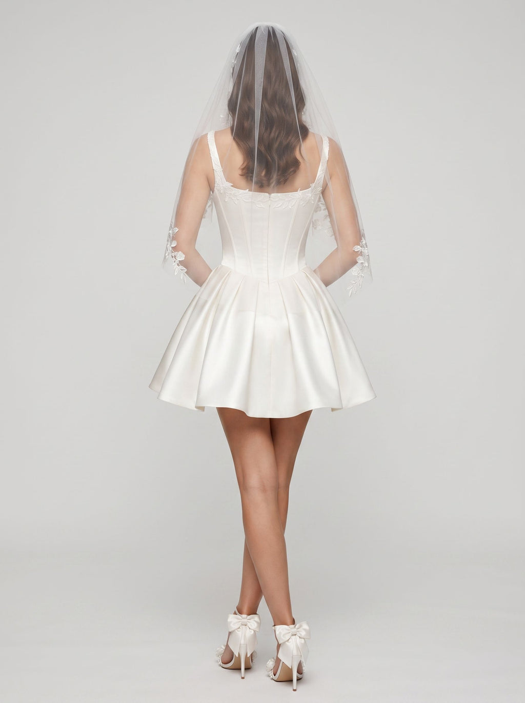 White Satin A-Line Square Neck Back Zip Short Dress with Lace Appliques