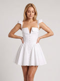White Matte Satin A-Line V-Neck Back Zip Short Dress with Boning