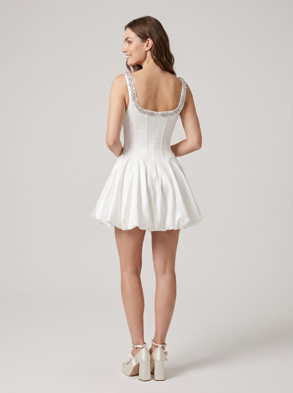 White Satin A-Line Scoop Neck Back Zip Short Dress with Beading