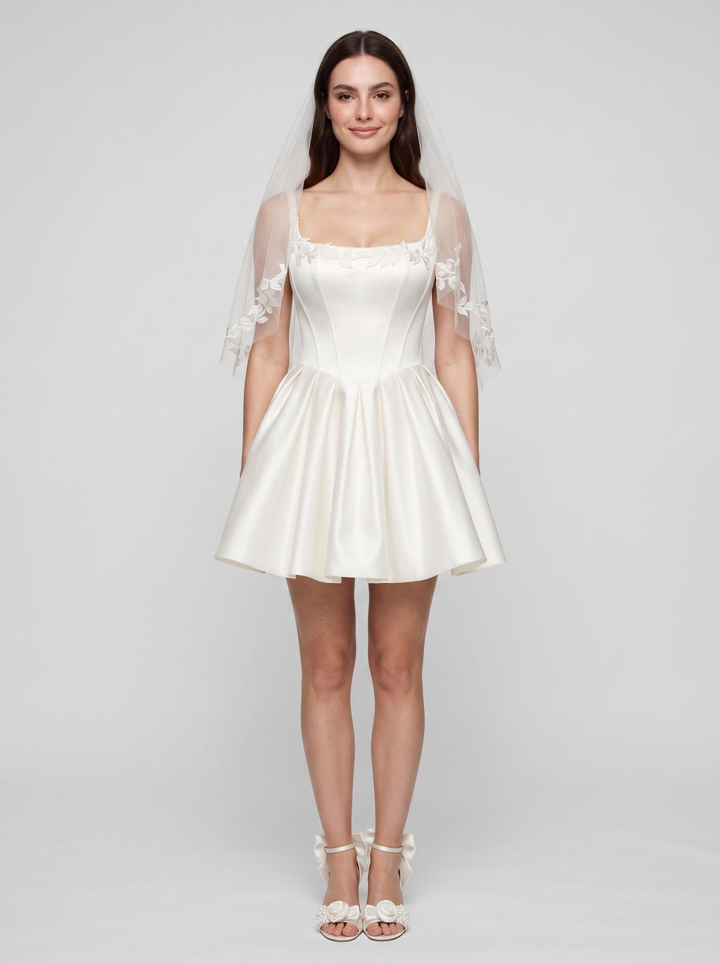 White Satin A-Line Square Neck Back Zip Short Dress with Lace Appliques