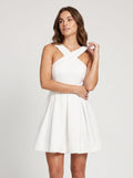 White Satin A-Line V-Neck Backless Short Dress with Pleated Bodice