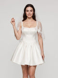 White Satin A-Line Square Neck Back Zip Short Dress with Lace Appliques