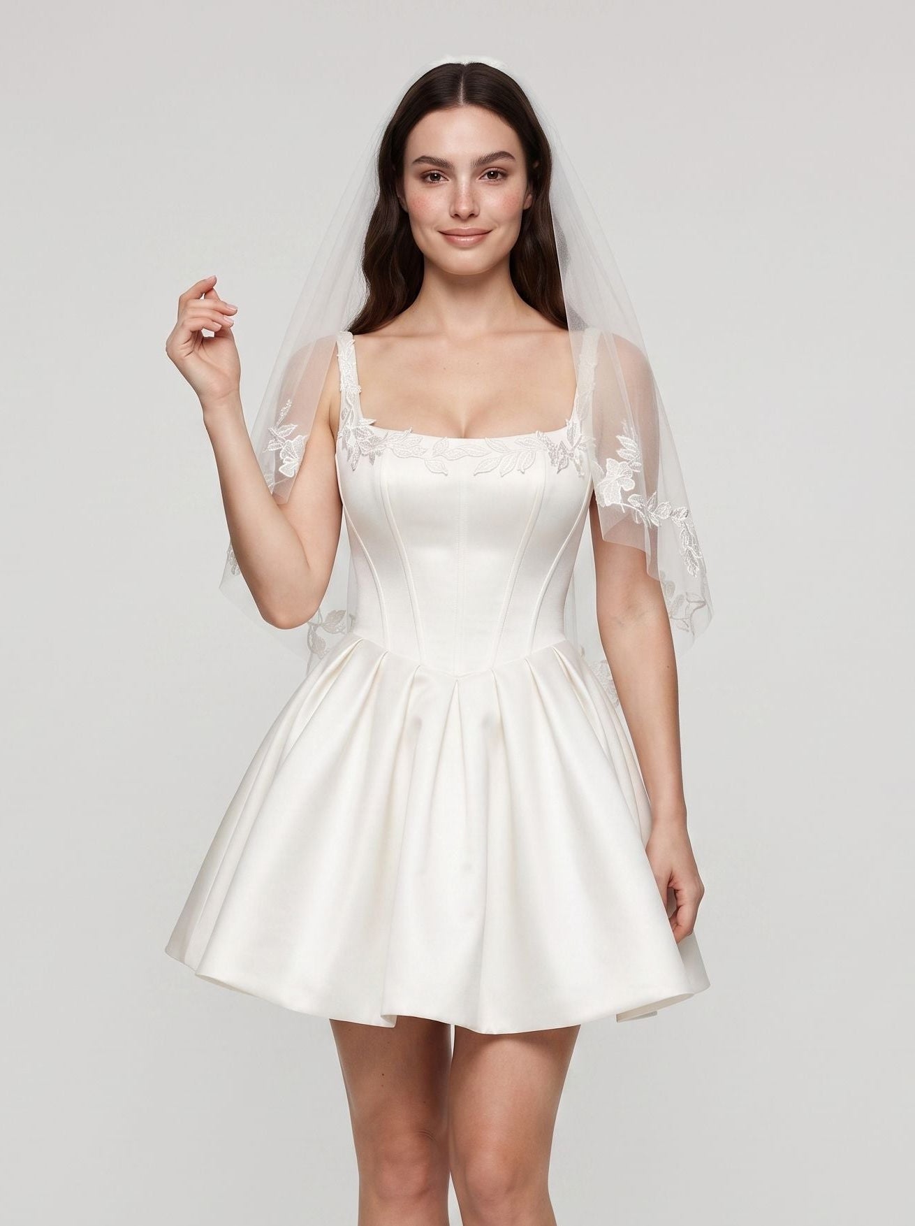 White Satin A-Line Square Neck Back Zip Short Dress with Lace Appliques