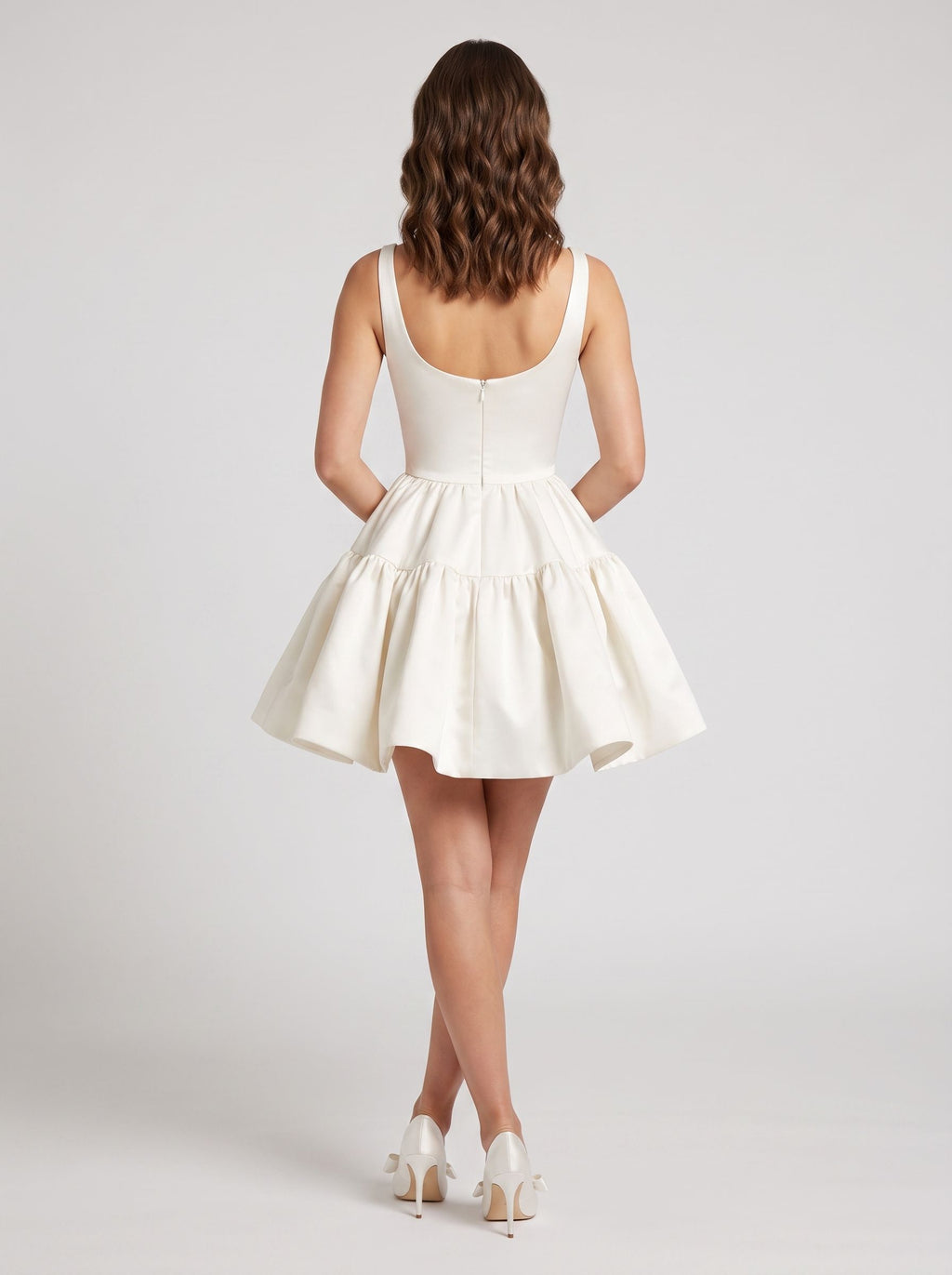 White Satin A-Line Scoop Neck Back Zip Short Dress with Spaghetti Straps